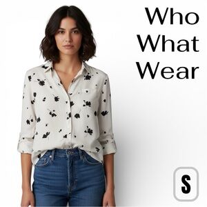 WHO WHAT WEAR Black & White Abstract Floral Blouse SMALL